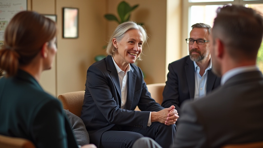Group of adults in conversation at a coaching workshop in Dublin, sitting in circle with notepads, engaged and smiling