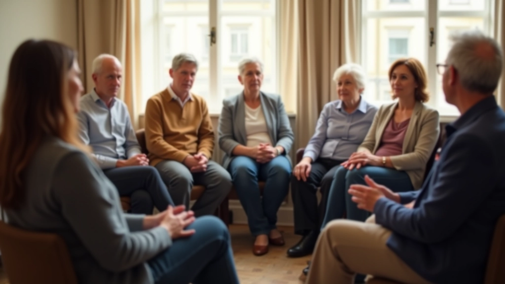 Diverse group of adults aged 45-65 in group setting, smiling and engaged, warm indoor environment, natural lighting