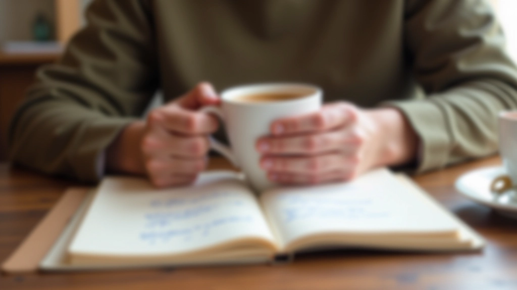 Hands holding coffee cup over open notebook with notes, morning light from window, wooden table, close-up detail, planning and reflection mood