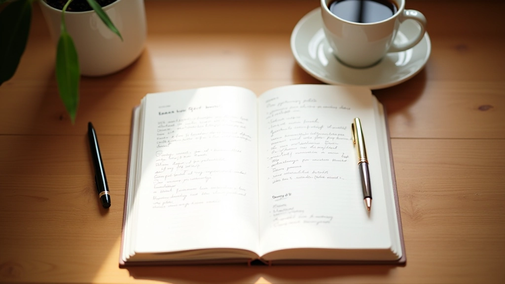 Open notebook with handwritten notes beside pen and coffee cup on wooden desk, morning light