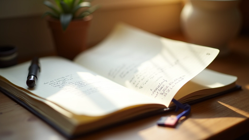 Open notebook with handwritten notes and reflections, pen nearby, warm ambient light, cozy study corner
