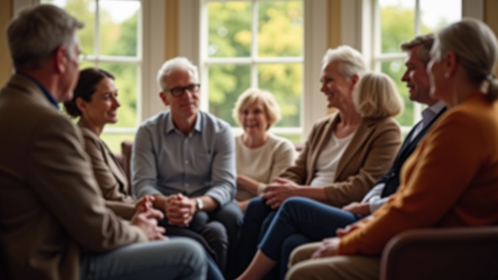 Group of adults sitting in circle having a coaching discussion in warm, comfortable room