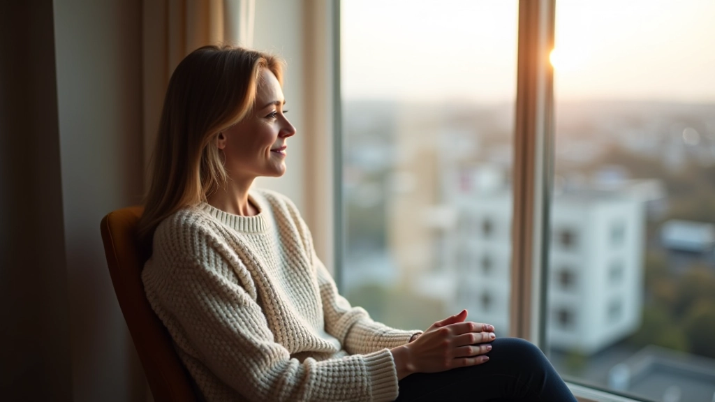 Person aged 48 in professional setting, upper body portrait, confident posture, bright setting, natural lighting