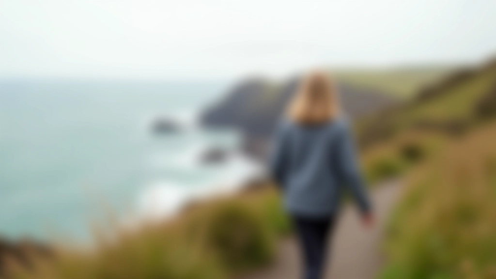 Person walking along coastal path with ocean view, movement and contemplation, natural outdoor setting