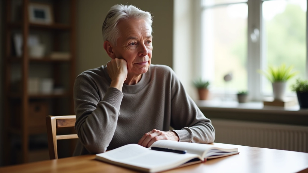 Person aged 55 sitting at wooden table with journal and pen, thoughtful expression, natural window light, contemplative mood, calm studio setting