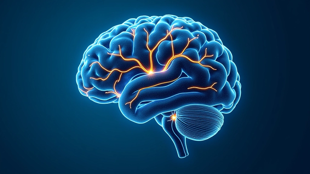 Brain scan visualization showing neural connections lighting up in blue and orange, representing cognitive development in middle age