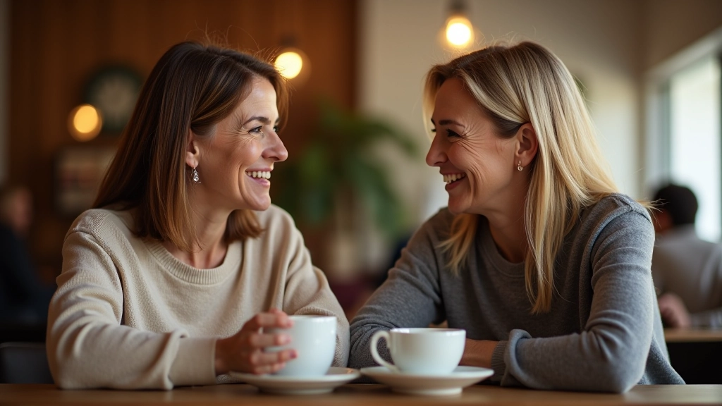 Two women in conversation over coffee, genuine connection and support, warm indoor lighting