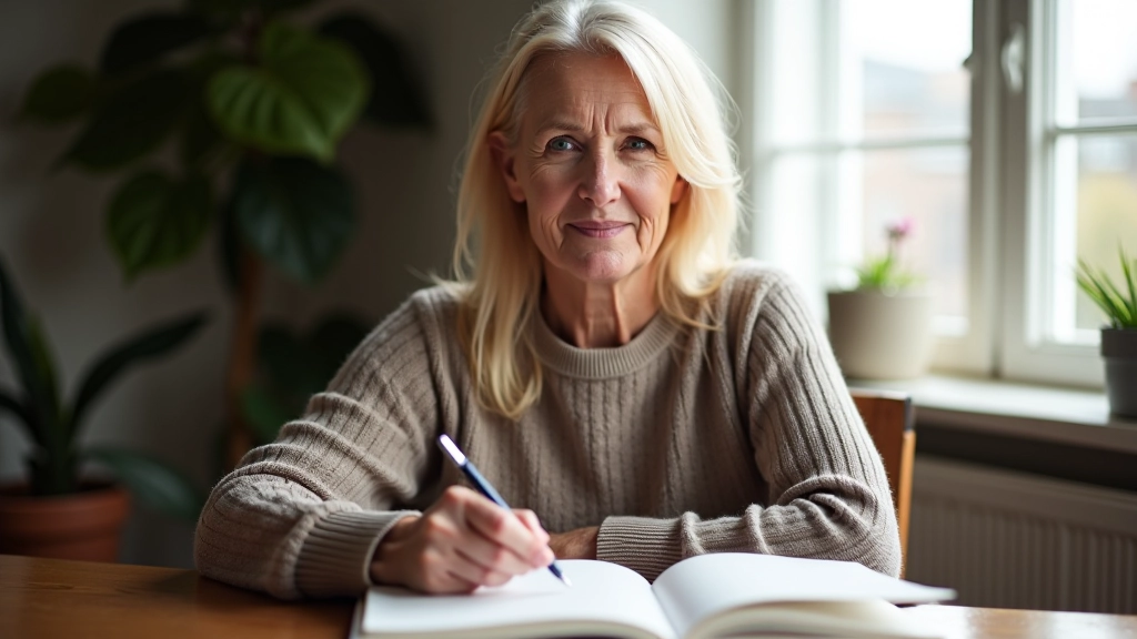 Woman in her 50s sitting at desk with journal and pen, thoughtful expression, natural morning light from window