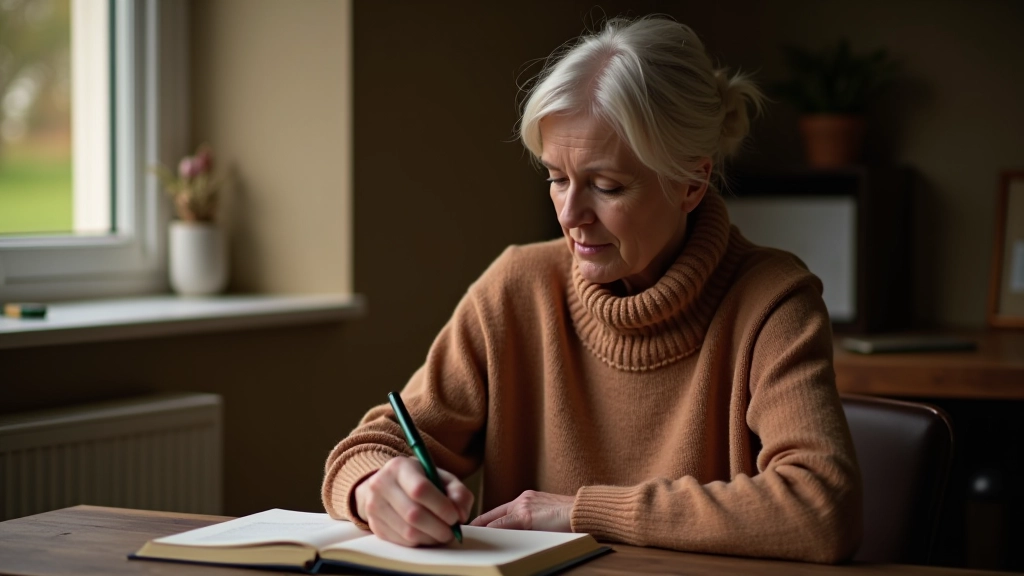 Woman aged 50+ sitting at wooden table with journal, pen, and reflection notes, looking peaceful and focused, natural window light
