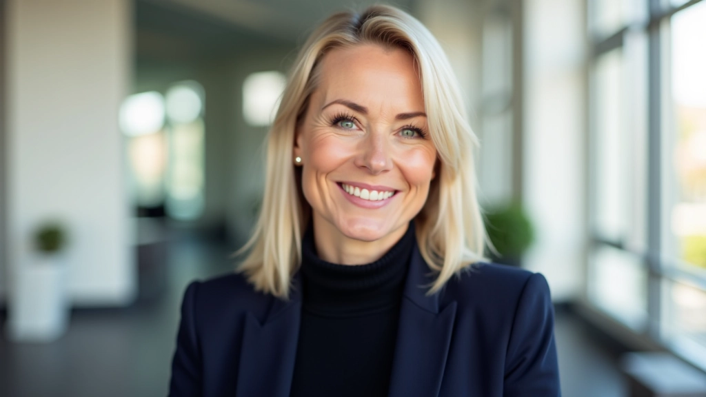 Woman aged 50 in professional setting, portrait from chest up, thoughtful expression, calm background, natural lighting