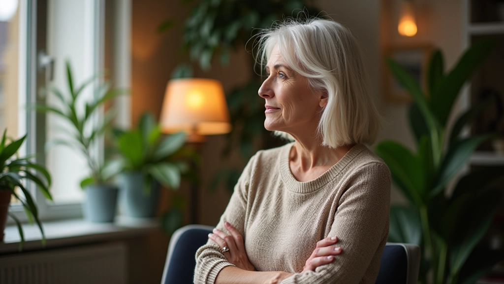 Woman in her 50s looking thoughtfully out a window in her home office, natural daylight, contemplative expression
