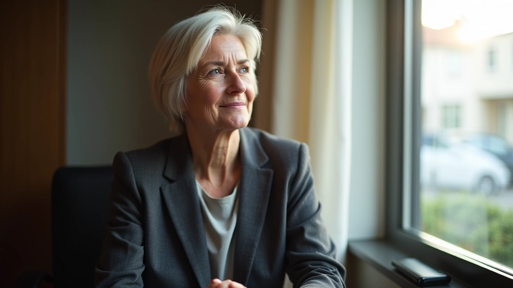 Professional woman in thoughtful pose looking out window